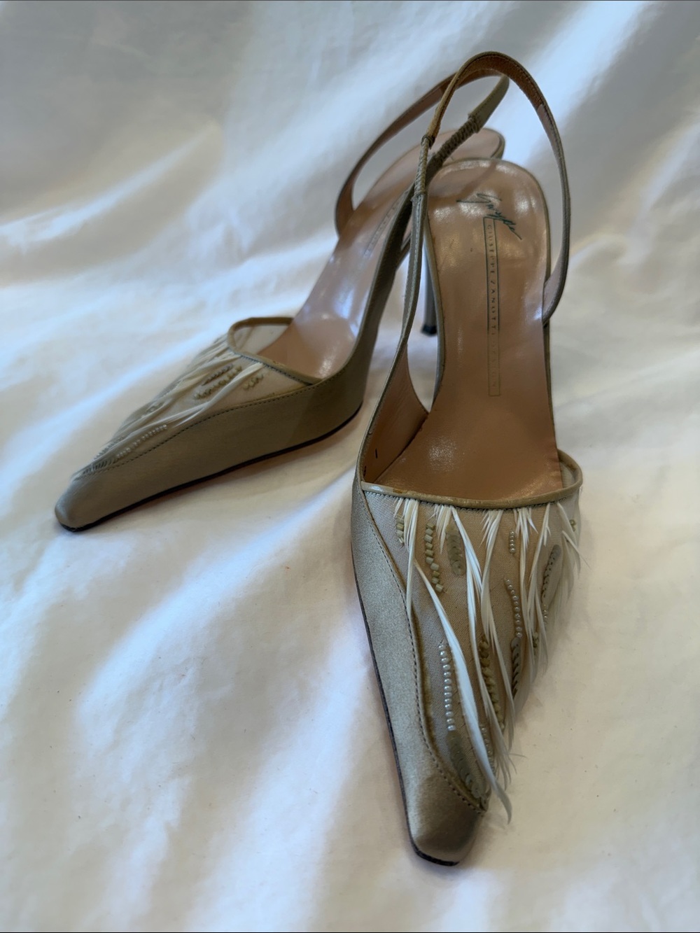 Giuseppe Zanotti Beige Feather-Trim Slingback Pumps